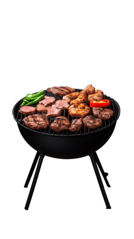Red barbecue grill with meat skewers isolated on transparent background png
