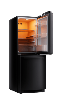 Black refrigerator with open door isolated on transparent background png