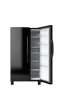 Empty black refrigerator with open door isolated on transparent background png