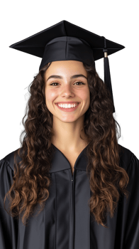Female graduate in cap and gown isolated on transparent background png
