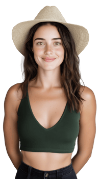 Woman in hat with green crop top isolated on transparent background png