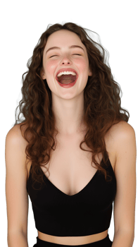 Joyful woman with curly hair in black top isolated on transparent background png