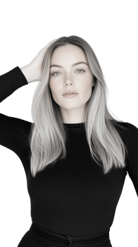 Woman in black top with hands on head isolated on transparent background png