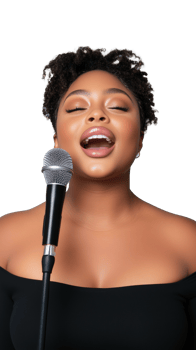 Female singer performing with microphone isolated on transparent background png