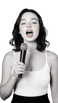 Woman singing passionately into microphone isolated on transparent background png
