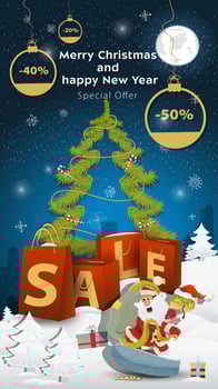 Special offer Sale inscription in the form of large packages standing in a snowy clearing a snake and Santa Claus on a snowboard vector