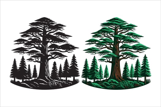 forest tall oak tree with silhouette and green leaf tree vector