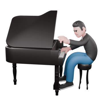 Illustrated Musician Character in 3D. A male musician is sitting on a chair while playing an acoustic piano with both hands. Vocalist png
