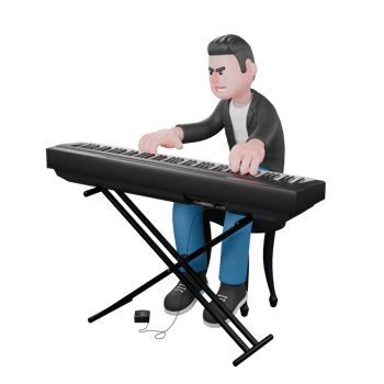 Singing Musician in 3D. A male musician is sitting on a chair while playing the piano with both hands. Vocal Talent png