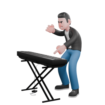 Animated Music Character in 3D. A male musician is standing bent over while his right hand is raised while holding it then his left hand points to the piano in front of him. Singing Talent png