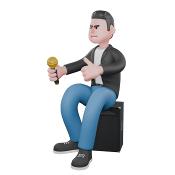 Musician Character. A male musician is sitting on a loudspeaker facing the right while holding a microphone in his right hand and pointing his thumb forward with his left hand. Vocalist png