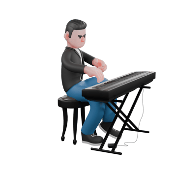 3D Musician Model. A male musician is sitting on a chair with both hands raised above the piano. Animated Style png