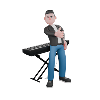 Illustrated 3D Music Character. A male musician is standing with his back to the piano while his right hand points his thumb forward. 3D Music Performer png
