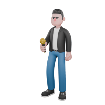 Illustrated Musician Character in 3D. A male musician is standing and holding a microphone in his right hand. Animated Style png