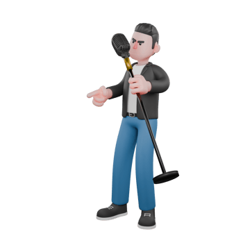 Cartoon Music Performer Model. A male musician is standing facing the right singing using a microphone stand that he holds in his left hand while his right hand points forward. Singing Talent png
