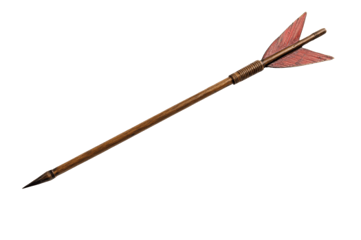 A detailed image of a traditional arrow with a wooden shaft and red feather fletching, isolated on a transparent background. png