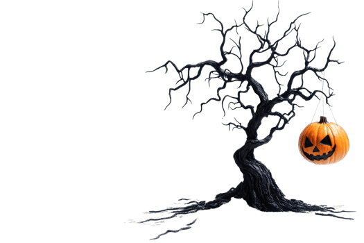 Spooky Halloween tree with a carved pumpkin hanging, perfect for eerie holiday themes and decorations. png