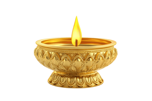 Golden decorative oil lamp with intricate patterns, lit with a single flame, symbolizing light and tradition. Ideal for festive and religious contexts. png