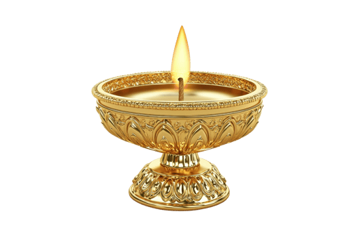 Elegant ornate golden lamp with a soft glowing flame, perfect for ceremonial and decorative purposes. png