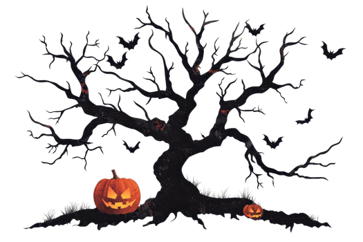 Spooky Halloween scene with carved pumpkins under a haunted tree, surrounded by bats. Perfect for festive and eerie celebrations. png