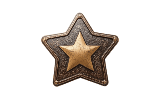 Antique star-shaped badge with intricate design, symbolizing honor and achievement, isolated on transparent background. png