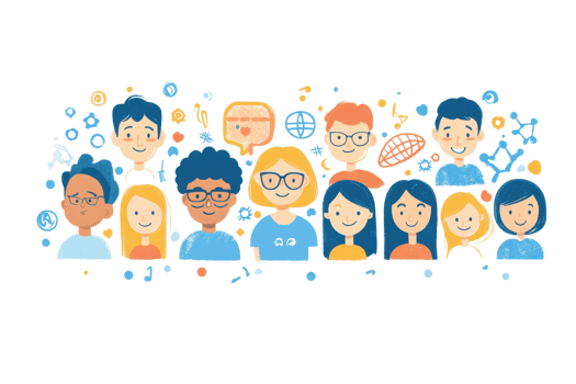 Illustration of diverse group of people, emphasizing community, connection, and teamwork. Vibrant colors and playful design. png