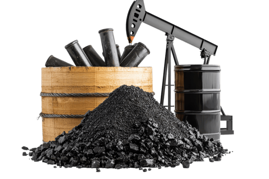 Industrial scene with coal pile, oil barrels, and drilling pumpjack, representing energy resources and fossil fuel extraction industry. png