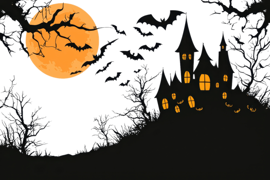 Spooky haunted house on a hill under a full moon with bats flying and eerie trees, perfect for Halloween-themed designs. png