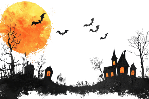 Spooky Halloween night with glowing moon, bats flying, and ominous haunted house in the dark forest. png