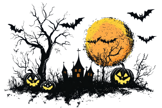 Spooky Halloween night scene with haunted house, jack-o-lanterns, full moon, and flying bats. Perfect for Halloween-themed designs. png
