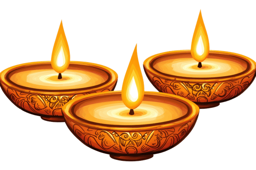 Three traditional earthen oil lamps with bright flames, perfect for festive celebrations and spiritual gatherings. png