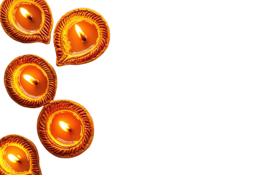 Top view of traditional Diwali oil lamps arranged beautifully on a dark background, creating a radiant and festive atmosphere. png