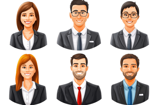 illustration of six business professionals in suits, smiling and looking forward, isolated on a transparent background. png