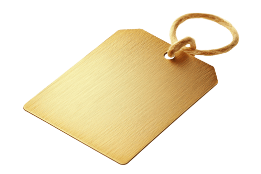 A blank, rectangular, gold-colored metal keychain with a shiny finish, isolated on a transparent background. Perfect for branding or personalization. png