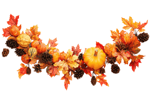Autumn wreath with pumpkins, pine cones, and colorful leaves. Perfect for decoration and fall themes. High quality and vibrant colors. png