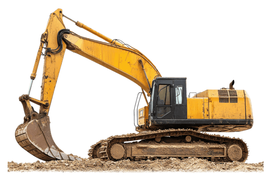 Yellow excavator on a construction site, digging machinery, earthmoving equipment for heavy-duty operations, isolated on transparent background. png