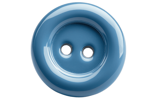 Close-up of a shiny blue button with two holes, isolated on transparent background. Ideal for sewing and crafting projects. png