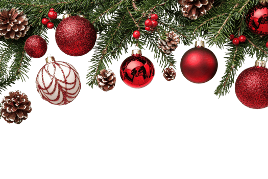 Festive Christmas decorations with red baubles and pinecones on a green fir branch, perfect for holiday-themed projects and seasonal designs. png