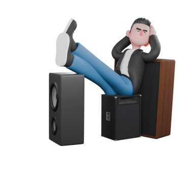 3D Musician Model. A male musician is sitting asleep with his palms as a cushion and his straight legs stacked on top of several rows of loudspeakers. Animated Style png