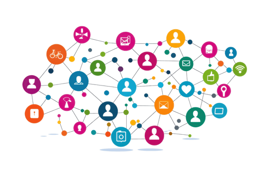 Colorful network of interconnected icons representing social media and communication, depicting online interaction and connectivity. png