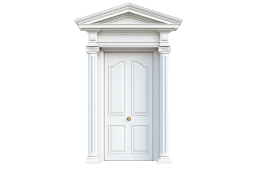 Elegant closed white classical door with columns and pediment isolated on transparent background. architectural detail of entrance. png
