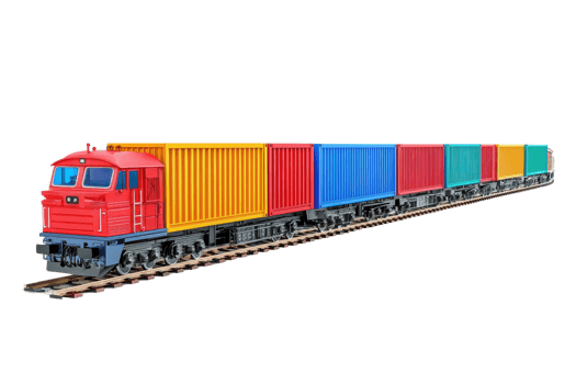 Colorful freight train with cargo containers on tracks, isolated on transparent background. showcasing transportation and logistics concept. png