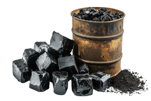 Rusty barrel filled with coal next to a pile of coal chunks and coal dust on a transparent background. png