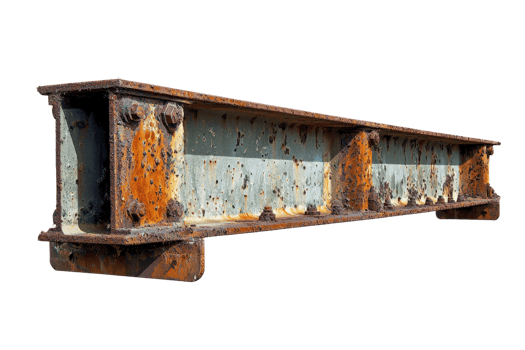 Rusty and worn steel I-beam isolated on transparent background. showcasing industrial and weathered texture, ideal for construction and engineering themes. png