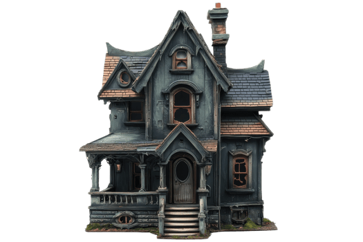 A spooky, old haunted house with Gothic architecture, perfect for Halloween themes and eerie settings. Dark and atmospheric exterior. png