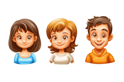 Cartoon illustration of three happy, smiling characters two women and one man. Perfect for avatars, animations, and digital art projects. png