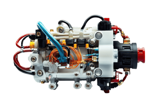 Close-up of a complex mechanical part with visible wiring and components, isolated on a transparent background. png