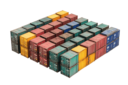 Colorful shipping containers stacked in rows, isolated on a transparent background. representing global trade and logistics. png