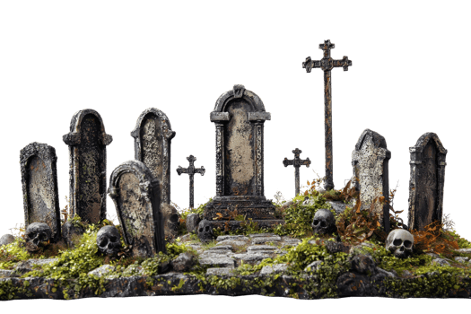 Eerie, overgrown graveyard with old tombstones and skulls, covered in moss and surrounded by a haunting atmosphere. png