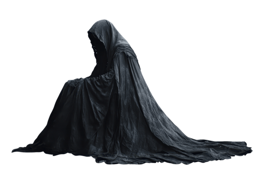 Hooded figure in a dark cloak sitting with a mysterious and eerie presence, symbolizing death or the grim reaper. Isolated on transparent background. png